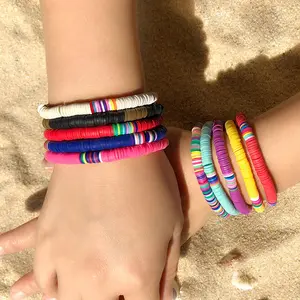 Strand Stijl Kleurrijke Vriendschap Polymeer Klei Armbanden Vrouwelijke Stapelbaar Regenboog Elastische Boho Armband Voor Sieraden Groothandel