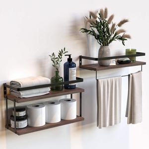 2 + 1 단 벽걸이 부동 선반 2 개 세트 티슈 랙 & 타월 바 소박한 나무 선반 - Product Image 1