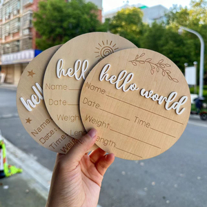 Hello World - Carte Milestone 3D <span class=keywords><strong>in</strong></span> <span class=keywords><strong>Legno</strong></span> per Neonati, Targhetta Rotonda con Lettere, Decorazione per Cameretta, Annuncio Nascita, Regalo per Baby Shower - Product Image 1