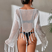 2024 nouveau pull ample sexy col en v frange plage couverture soleil protéger sexy évider robe de plage
