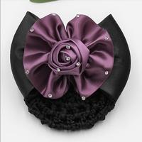 Barrettes à nœud papillon en forme de rose faites à la main, décorées de strass, pince à cheveux, couvre-chignon, filet à cheveux, fleur de rose en satin avec cristaux