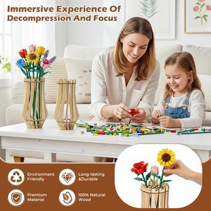 Lot de 2 ensembles de construction en bois <span class=keywords><strong>Lego</strong></span> pour vase à fleurs avec support de présentation pour bouquet de roses - Cadeau DIY pour enfants et amis - Product Image 3