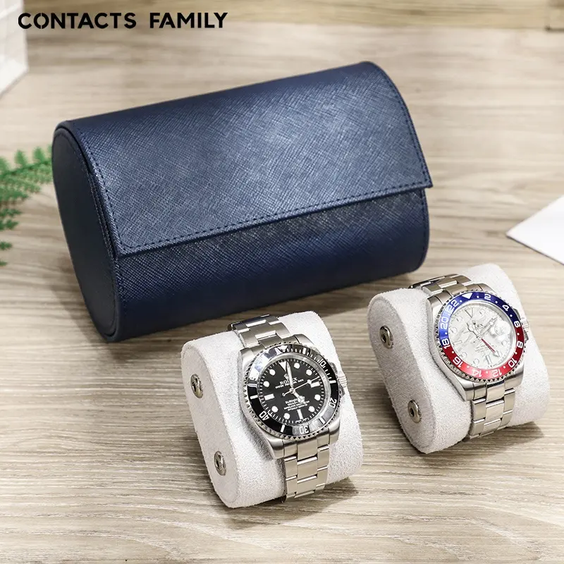 Custom Logo Luxury 2 Slots Watch Winder Case Ultra Suede Lining Italy Saffiano Leather Watch Roll Display Box for Couple Watches