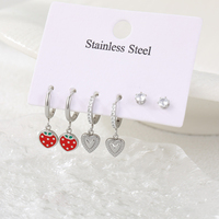 Oorbellen Set Zoete Fruit Kinder Oorbellen RVS Aardbei Hart Hangende Oorbellen 3 Paar per Set voor Meisjes