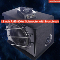 Subwoofer actif pour voiture 12 pouces 800W 2+2 Ohm RMS, caisson de subwoofer trapézoïdal avec amplificateur de voiture monobloc