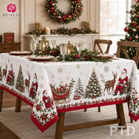 Taplak Meja Natal HuaLai 8ft X 10ft 410g Berbahan Linen dengan Cetakan Santa, Rusa, dan Kereta Salju untuk Pesta Liburan dan Acara di Rumah