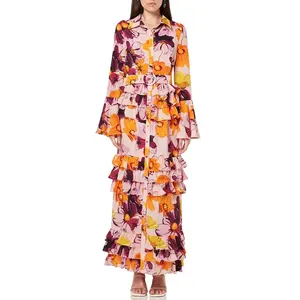 TWOTWINSTYLE Wholesale Printing Elegant Dresses Lapel Flare Sleeve High Waist Long Dress For Women