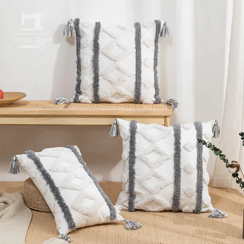 Cross border tufted plaid tassel cushion pillow cover Moroccan bohemian home living room sofa throw pillowcase
