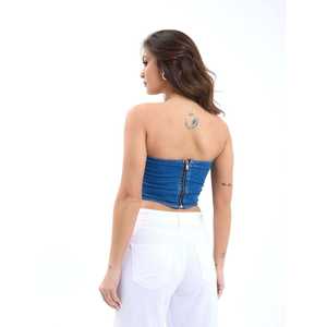Top Corto Tipo Bustier de Mezclilla Lome, Sin Tirantes, Azul, Top de Moda para Mujer, 100% Algodón - Product Image 3