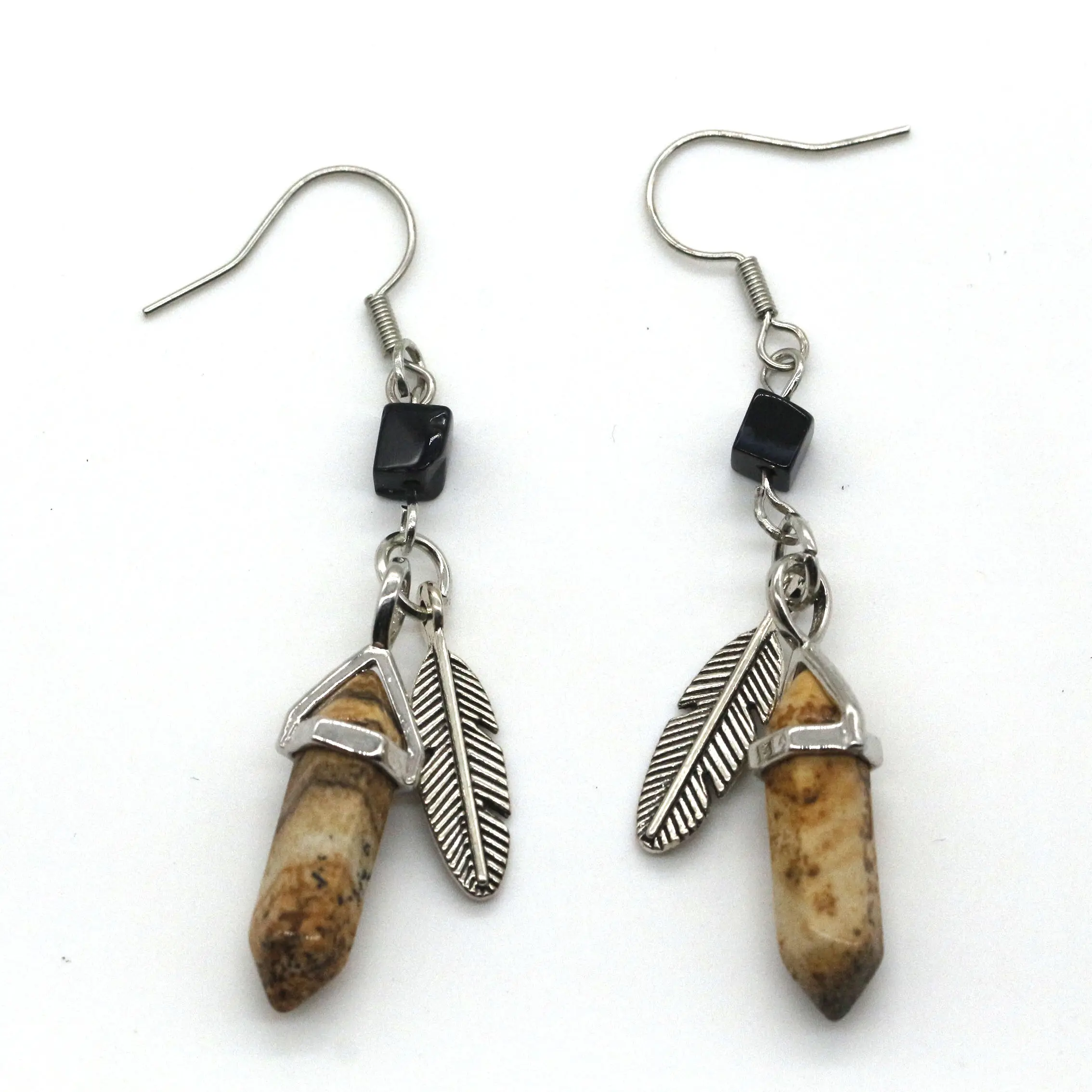 Wholesale fashion Jewelry Natural Stone Drop Earrings Picture Jasper Gemstone Hexagonal Points Crystal Stone Earrings