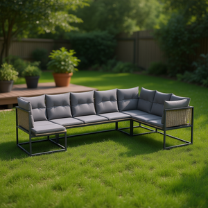 Ensemble de canapés de jardin modulaires en polyrotin gris, structure en acier, mobilier d'extérieur moderne, 6 places - Product Image 2