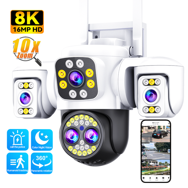 8K 16MP WiFi Security Camera 10X Zoom 3 Screens CCTV Security Protection 360 Night Vision Two Way Audio Surveillance Camera