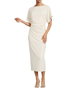 Elegante Vestido Midi Blanco de Satén con Manga Casquillo, Cuello Redondo, Silueta Ajustada Tipo Lápiz, Ropa Formal - Product Image 4