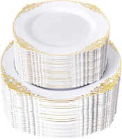 Assiettes en plastique blanc or 10 pouces avec bord doré, résistantes et réutilisables, pour desserts, mariages, banquets, vente en gros