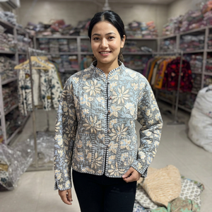Quilted Floral Print <b>Mandarin</b> <b>Collar</b> <b>Jacket</b> Women's Full Sleeve Cotton Polyester Reversible Single Button Closure Autumn Winter - Product Image 1