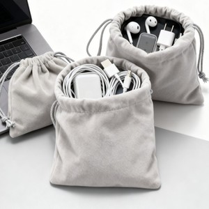 Wholesale Custom Premium Gray Velvet Dust-Proof Storage Small <b>Pouch</b> with Logo <b>Drawstring</b> Gift Packaging for Headphones Seal - Product Image 2