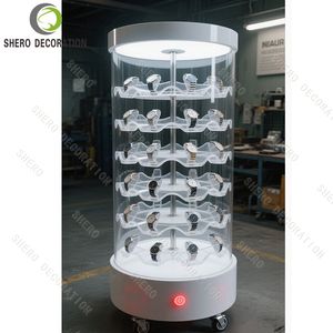 Espositore di gioielli rotanti di lusso moderno vetrina da banco per negozi al dettaglio realizzati in vetro temperato in metallo e MDF - Product Image 1