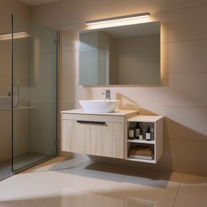 Meuble de salle de bain moderne 42 pouces avec lavabo en céramique, finition bois clair, portes à fermeture douce, étagères de rangement sur pied - Product Image 2