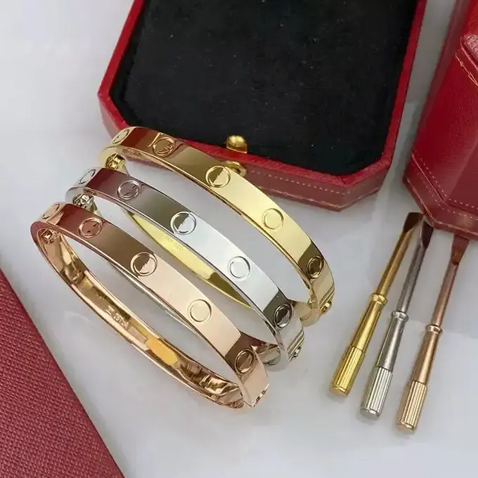 Gelang Bangle baja tahan karat berlapis emas 18k baru 4 berlian untuk pria wanita hadiah perhiasan
