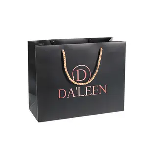 Black Paper Bag With Handle Wholesale Custom Printed Brand Logo Design Promotion Luxury Clothing Retail Gift Shopping Black Jewellery Paper Bag With Handle