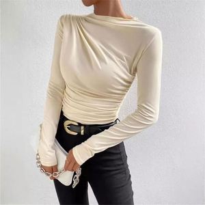 Camiseta de Moda para Mujer, Color Sólido, Corte Ajustado, Estilo Moderno, Combinable con Todo, Pliegues, Manga Larga, Tops para Damas - Product Image 6