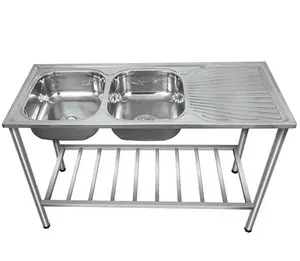 Wastafel dapur stainless steel, wastafel ganda stainless steel 201 dengan papan pembuangan