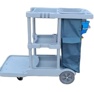 PP UP-068C Gray Janitor Cart Plastic Cleaning Trolley 4 Wheel Cleaning Cart For Hospital