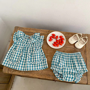 Completo Estivo a Quadri per <span class=keywords><strong>Bambini</strong></span>: Top con Maniche a Volant e Pantaloncini, Set di 2 Pezzi in Cotone - Product Image 2