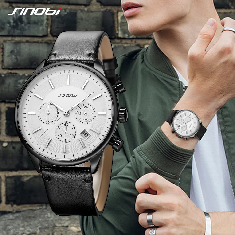 SINOBI Custom Your Private Label Wrist Watch S9797G Luxury Genuine Leather Quartz Watch Casual Formal Watches Men Black