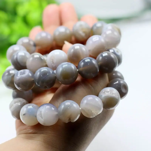 Grey Onyx Agat Extra <strong>Large</strong> Druzy Quartz Laughing <strong>Bracelet</strong>, Natural Stretch Bangle, Round <strong>Beads</strong>, Veins Stone, Men Gift, 12-20mm - Product Image 2