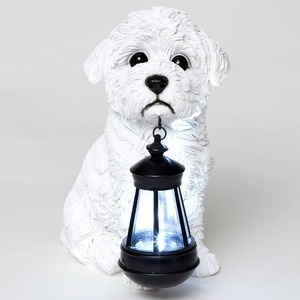 Patio Pad Solar Tuin Licht Hars Witte Hond Sculptuur Bichon Zonne Lantaarn Standbeeld