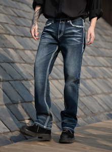 IN Stock Black Men’s Sanding Heavy Stitch Straight Leg Washed <b>Embroidered</b> Denim <b>Jeans</b> Mid Waist fashion <b>jeans</b> for men - Product Image 4