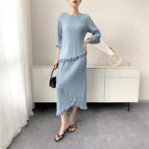 Traje Midi Plisado Sólido para Mujer, Verano 2026, Nuevo Conjunto de Top + Falda, <span class=keywords><strong>Elegante</strong></span>, <span class=keywords><strong>Juvenil</strong></span>, Cómodo, Informal, <span class=keywords><strong>Ropa</strong></span> de Exportación - Product Image 4
