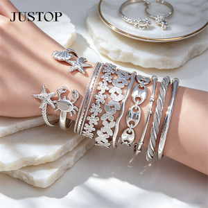 JUSTOP <b>Silver</b> Plated Stainless Steel Flower Starfish Bohemia <b>Bangle</b> Set Women's Fashion Jewelry <b>Bracelets</b> - Product Image 6