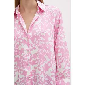 Camisa de Satén con Estampado de Cuernos para Mujer, Estampado Floral, Cierre de Botones, Uso Diario Informal, Color Rosa - Product Image 4