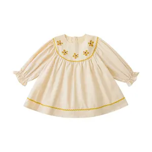 Wholesale Custom 100% Cotton Cheap Baby Girls Dress For Toddler Girls Embroidered Cute Long Sleeve Dress Girls 10 Year