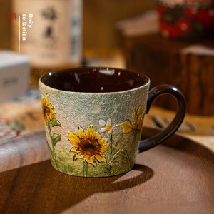 แก้วกาแฟเซรามิกสไตล์ INS ลายดอกทานตะวันแบบสาวหวาน งานแฮนด์เมดจากเมืองจิ่งเต๋อเจิ้น ของสะสมเก่า งานแกะสลักนูน 3 มิติ ของแท้ - Product Image 2