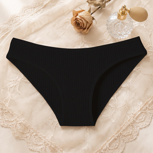 Culottes de bikini côtelées en coton noir pour femmes, couleur unie, taille mi-haute, confortables pour le quotidien, vente en gros - Product Image 3