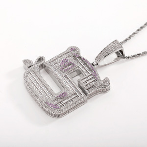 Ciondolo <span class=keywords><strong>Lettera</strong></span> <span class=keywords><strong>S</strong></span> Personalizzato in Ottone con Zirconia Cubica Viola Taglio Baguette per Uomo e Donna, Charm Hip Hop con Catena Cubana da 12mm - Product Image 3