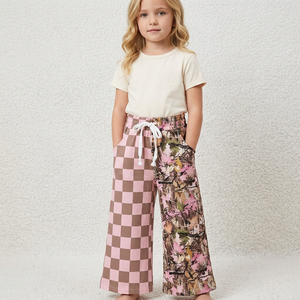 Pantalon décontracté pour filles, respirant, tricoté, patchwork, à jambes larges, imprimé, longueur intégrale, avec cordon de serrage à la taille - Product Image 1