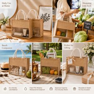 Bolsa de Yute Natural con Logotipo Personalizado y Ventana Transparente de PVC, Bolsas de Compras Ecológicas al por Mayor para Venta al por Menor o Regalos - Product Image 2