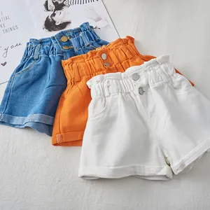 Shorts jeans azul lavado para meninas, verão de 2021, cor lisa, azul, bonito, para crianças, menina branca, 3-7t
