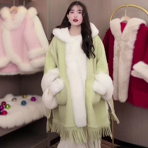 Veste <span class=keywords><strong>polaire</strong></span> <span class=keywords><strong>poncho</strong></span> à col en fausse fourrure de lapin avec pompons pour femmes à la mode - Product Image 5