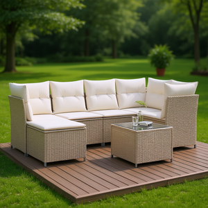Beige Pe Rattan <b>Garden</b> <b>Sofa</b> Set 6 Seater Outdoor Furniture Contemporary Design With Powder Coated Steel Frame - Product Image 2