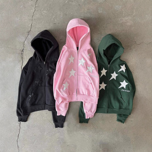Nouveau <span class=keywords><strong>sweat</strong></span>-shirt à <span class=keywords><strong>capuche</strong></span> zippé à manches régulières tendance unisexe imprimé étoile, style streetwear décontracté - Product Image 1