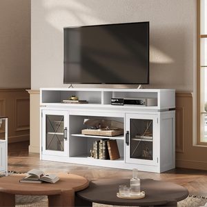 White Farmhouse <strong>TV</strong> <strong>Stand</strong> for 65 Inch <strong>TVs</strong>, <strong>Tall</strong> Console with LED Lights, Entertainment Center for Living Room &amp; Home Theater - Product Image 1