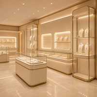 Comptoir de présentation de bijoux avec éclairage LED incurvé personnalisé, structure en métal et bois, mobilier de magasin pour la vente au détail de diamants et de pierres précieuses