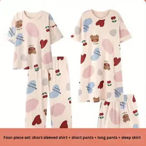 Set di abbigliamento estivo in quattro pezzi da donna nuovo Design a cartoni animati con elastico in vita <span class=keywords><strong>pigiama</strong></span> <span class=keywords><strong>pantaloni</strong></span> <span class=keywords><strong>lunghi</strong></span> XS sottile manica corta camicia da notte anteriore - Product Image 6