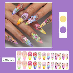 24PCs <span class=keywords><strong>3D</strong></span> Relief Colored Flowers Long Almond Nails Press on Nails <span class=keywords><strong>Uñas</strong></span> postizas Diseño de dedos - Product Image 2