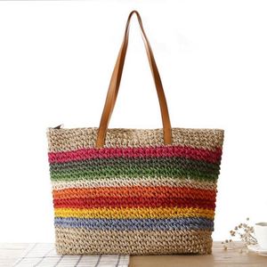 Sac à bandoulière en paille tressée pour femme, motif rayures arc-en-ciel contrastées, idéal pour la plage - Nouveauté en gros - Product Image 1